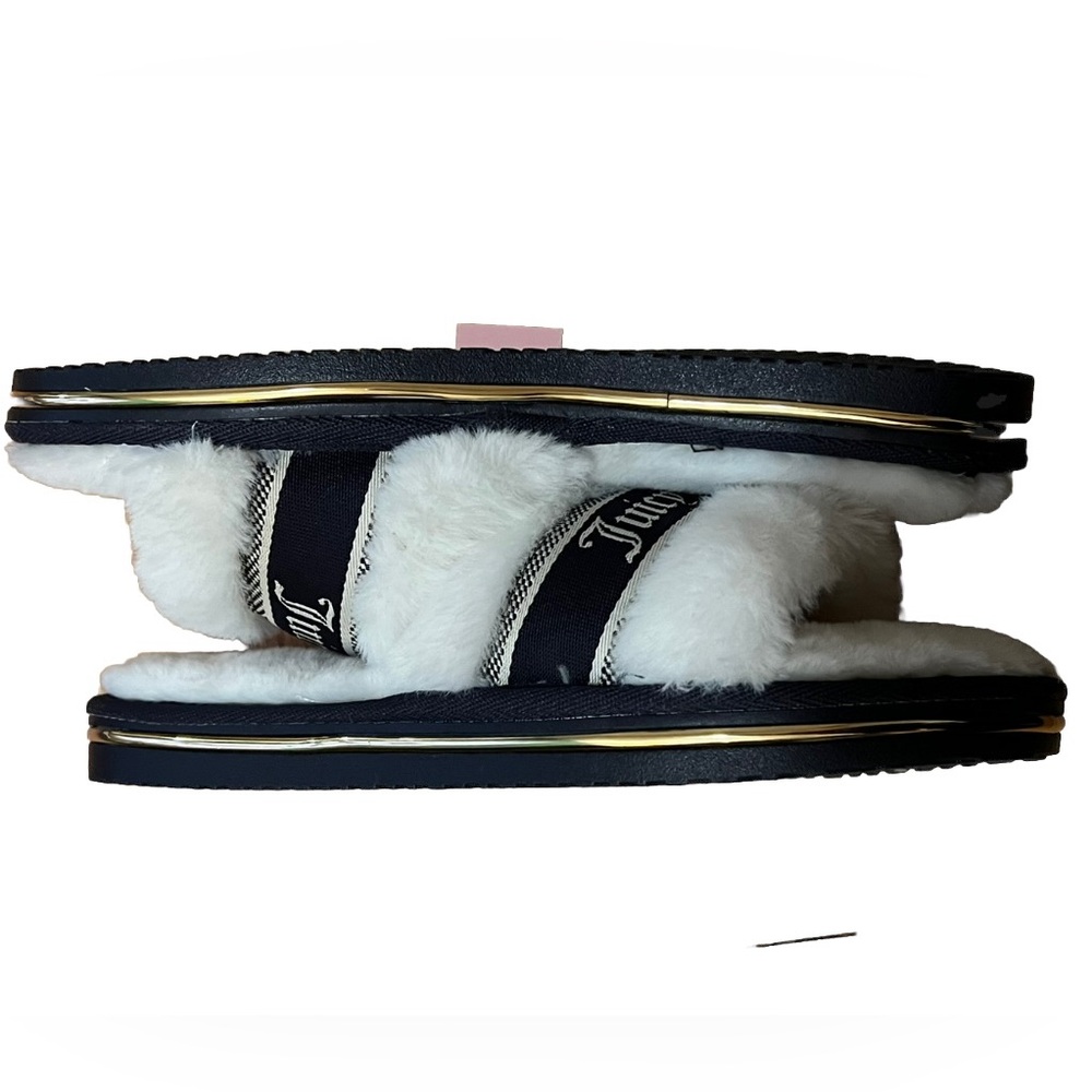 NWT Juicy Couture Soft Fuzzy Logo Slippers Gold Trim L - Picture 2 of 6